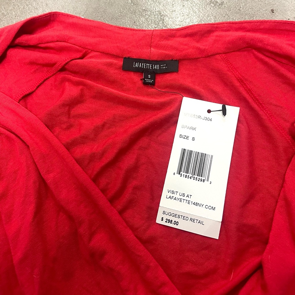NWT Lafayette 148 Red Long Sleeve Ruched Faux Wrap Blouse V-Neck Sexy Y2K style - Picture 5 of 8